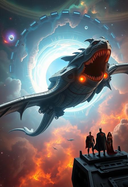 "Hyper-realistic depiction of a colossal, dragon-shaped spaceship soaring through a nebula, with a massive, glowing wormhole in the background. The ship's scales glimmer with a metallic sheen, while its wings are outstretched, revealing intricate, pulsing engines. A group of iconic superheroes (e.g. Superman, Batman, Wonder Woman) stand on the ship's deck, looking out at the breathtaking vista before them. The nebula is filled with vibrant, swirling colors, while the wormhole's energy distorts space-time around it. Style: extremely detailed, hyper-realistic, and cinematic, with a focus on capturing the epic scale and dynamic energy of the scene."