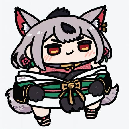 <lora:fuwafuwa:1>, 1girl, virtual youtuber, solo, animal ears, multiple tails, tail, kimono, japanese clothes, ribbon, red eyes, off shoulder, black kimono, fox ears, jewelry, neck ribbon, fox tail, white background, earrings, bell, fox girl, black gloves, full body, hat, red eyeshadow, checkered sash, hitodama, black ribbon, gloves, black headwear, grey hair, red ribbon, medium hair, single earring, animal ear fluff, eyeshadow, red kimono, looking at viewer, tabi, mole under eye, simple background, mole, extra ears, makeup, forehead mark, facial mark, sandals, sash, standing, obi, neck bell, floral print, bangs, short eyebrows, smile, ears through headwear, halterneck, jingle bell