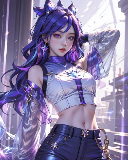 best quality, 1girl, solo, long hair, looking at viewer,  multicolored hair, earrings, detached sleeves, midriff, pants,  k/da \(league of legends\)