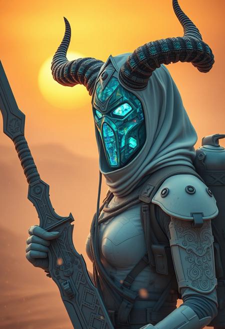 A apoclypse surreal cyberpunk setting under a gritty bleaked beige and blue-turqoise misty desert sunset, a Closeup Portrait of an eerie horned hkgod sci-fi shinobi nun-scout with billowing octopus backpack in a sandstorm, their holographic crystalline mask glinting like shattered rainbows. Iridescent black amber teal energy veins pulse across their form. The atmosphere is thick with heat distortion, glowing particles floating in the air. dark atmospheric lighting, white cybernetic armor. Wielding a massive sss great sword with intricate translucent engravings, hknuns