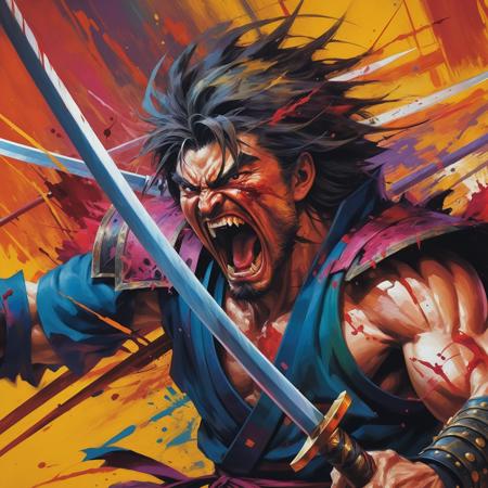 (close up of left shoulder), vibrant colors, off-camera thrusted blade into viewer, chaos driven anime abstract art into corner frame, rush of blood paint over swordsman, screaming, diagonal thrust, tortured samurai