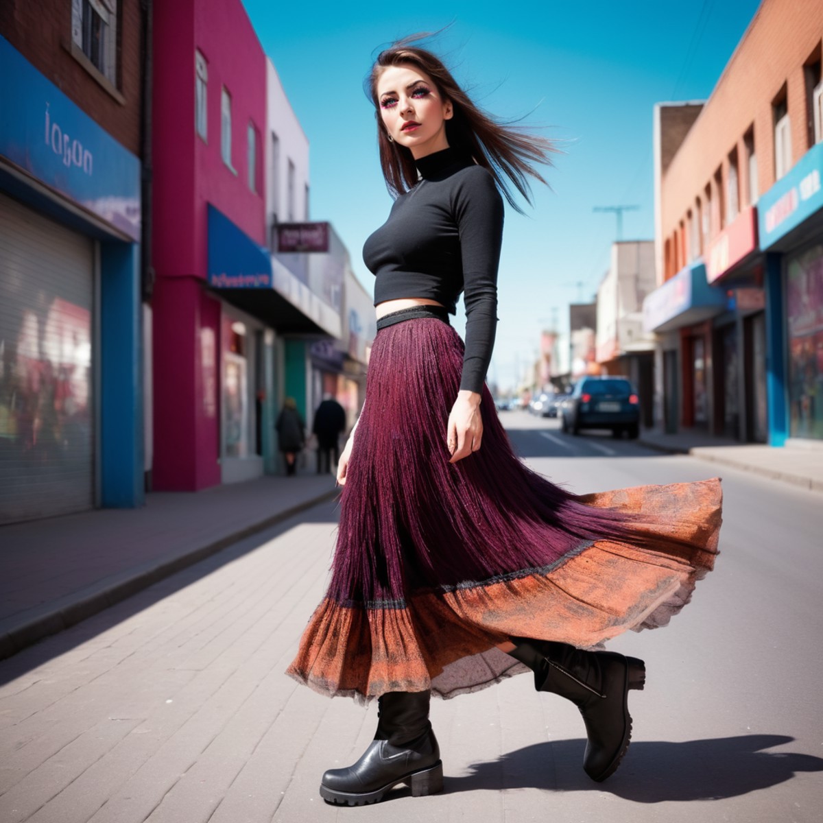 Cinematic photograph. Woman wearing a long skirt and top and boots with very long eyelashes. Vivid colour. Extremely inter...