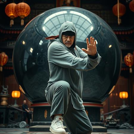 1man,60 yo,((Sean Connery)) with gray hoody, Bandana, long hair, jersey, white sneakers, (muscular:1.4), 2 meters tall,kung fu pose, Huge black crystal ball background, in chinese temple, ((movie still frame)), ((close shot)), color movie, complex stuff around, intricate in the background, (((film grain))),  extremely detailed, 8k, (((detailed skin))), cinematic