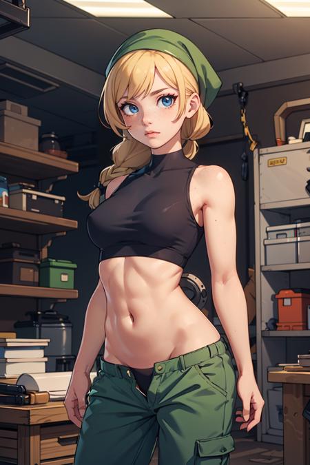 (masterpiece),( best quality), detailed background, dramatic lighting, 1girl, (abs:0.75), upper body, looking at viewer, black crop top, ((pubis, groin, crotch)), braid, (((pants pull))), freckles, blonde, wide hips, green durag, mechanic, workshop