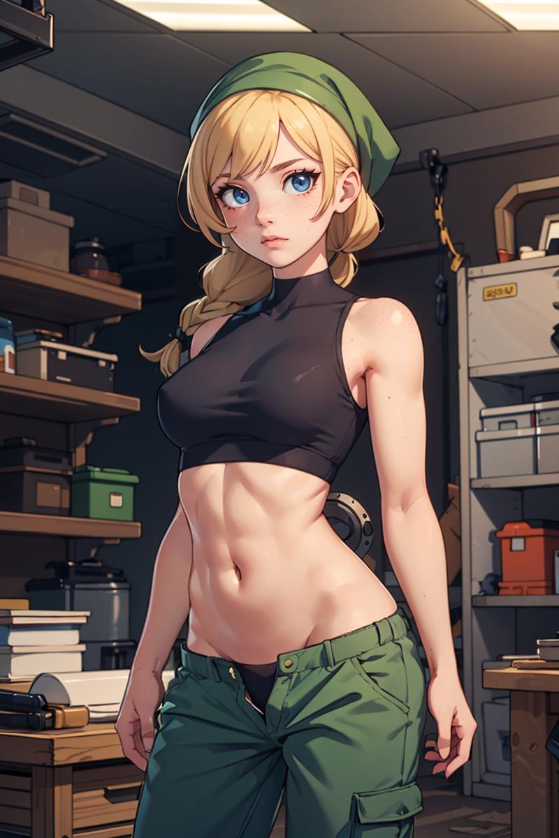 A cartoon illustration of a girl in a black shirt and green pants.