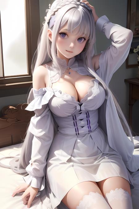 emilia from rezero, 
best quality, highly detailed, masterpiece, ultra detailed, 1girl, delicate eyes, emilia \(re:zero\), silver hair, purple eyes, hair ornament, off shoulder shirt, long hair, crown braid, straight hair, long hair, sitting:, sitting on a bed in a room, white dress, looking at viewer, wide hips, large breasts, 4k, high quality, (masterpiece, best quality, high quality, highres, ultra-detailed), white shirt, (shirt:1.5), unbuttoned, unbuttoned shirt, cute face, (anime), anime style, 
 <lora:Emilia:0.8>