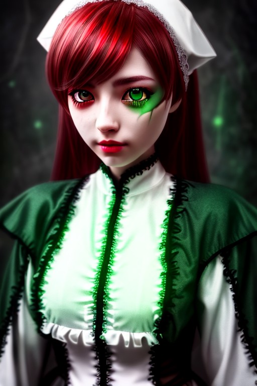 girl with heterochromia, red right eye, green left eye, highly detailed, hdr 4k, 8k,<lora:MySuiseiseki:0.7>, green dress