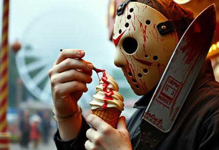 Jason from Friday the 13th trying to put raspberry ice cream cone with blood red syrup with one hand without taking off his mask. In his other hand he has a bloody machete. amusement park background. realistic. eighties Hollywood quality film.