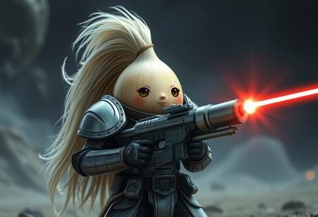 a long haired onion in futuristic armor holding a laser canon, cute, scene from a science fiction movie
