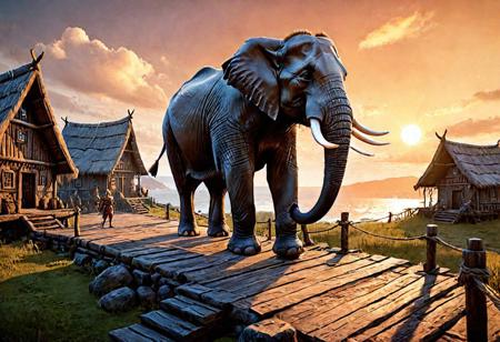 stairs to a magnificent viking village with girths of an elephant, sun setting and cinematic lighting, trending on artstation, 4k, hyperrealistic, focused, extreme details, unreal engine 5, cinematic, masterpiece