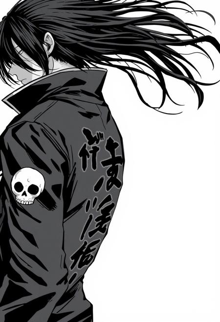 assassinkahb style, a black and white photo of an assassin wearing a motorcycle jacket with japanese writing on the back, solo, simple background, 1boy, white background, jacket, monochrome, upper body, greyscale, male focus, long hair in wind, weapon, clothes writing, skull, skeleton, japanese flag