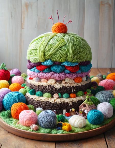 A giant yarn hamburger made of yarn, with detailed stitching for the lettuce, cheese, and patty, sitting on a yarn plate yrnwrld <lora:Yarnworld:1>