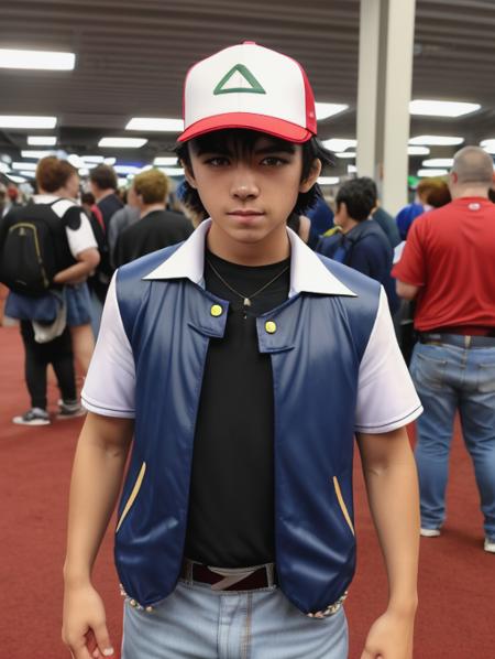 .35mm, 1boy, OGAshK, baseball cap, black hair, short hair, spiked hair, brown eyes, outdoors, indoors, convention, cosplay convention, blue jacket with white sleeves, black shirt, jeans, upper body,  realistic, vibrant, highly detailed, <lora:Detail - add_detail:0.2>, <lora:Character - AshOG:0.9>