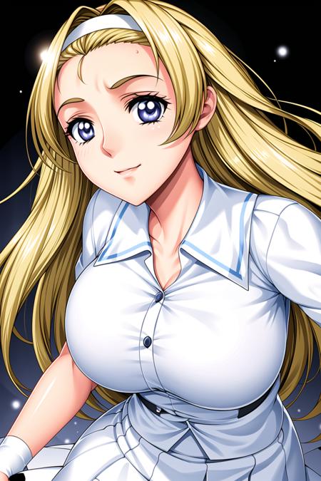 Simple White Background,
white shirt,white skirt,collared shirt, 
<lora:Akemi_Mikihara_Isaku-KK77-V1:0.7>,
blonde hair,white hairband,blue eyes,long hair,
<lora:Mariana_Luciano_NON_VIRGIN-KK77-V1:0.3>,<lora:more_details:0.1>,
1 girl, 20yo,Young female,Beautiful Finger,Beautiful long legs,Beautiful body,Beautiful Nose,Beautiful character design, perfect eyes, perfect face,expressive eyes,perfect balance,
looking at viewer,(Focus on her face),closed mouth, (innocent_big_eyes:1.0),Light_Smile,
official art,extremely detailed CG unity 8k wallpaper, perfect lighting,Colorful, Bright_Front_face_Lighting,shiny skin, 
(masterpiece:1.0),(best_quality:1.0), ultra high res,4K,ultra-detailed,
photography, 8K, HDR, highres, absurdres:1.2, Kodak portra 400, film grain, blurry background, bokeh:1.2, lens flare, (vibrant_color:1.2),professional photograph, 
(Beautiful,large_Breasts:1.4), (beautiful_face:1.5),(narrow_waist),