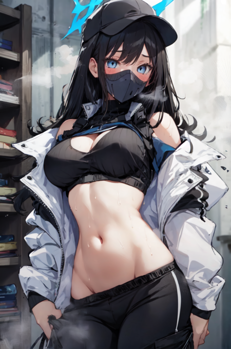 PantsDown, 1girl, solo, long hair, looking at viewer, blush, blue eyes, large breasts, shirt, black hair, hat, navel, bare shoulders, jacket, sweat, open clothes, sleeveless, midriff, pants, off shoulder, stomach, clothes lift, coat, crop top, groin, black shirt, sleeveless shirt, black headwear, mask, halo, shirt lift, black pants, white jacket, lifted by self, steam, baseball cap, areola slip, mouth mask, white coat, harness, chest harness, black mask