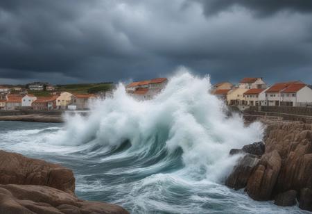 very realistic photography of the raging sea hitting a large rock creating a big splash near a village of houses with diverse colors, cloudy sky background