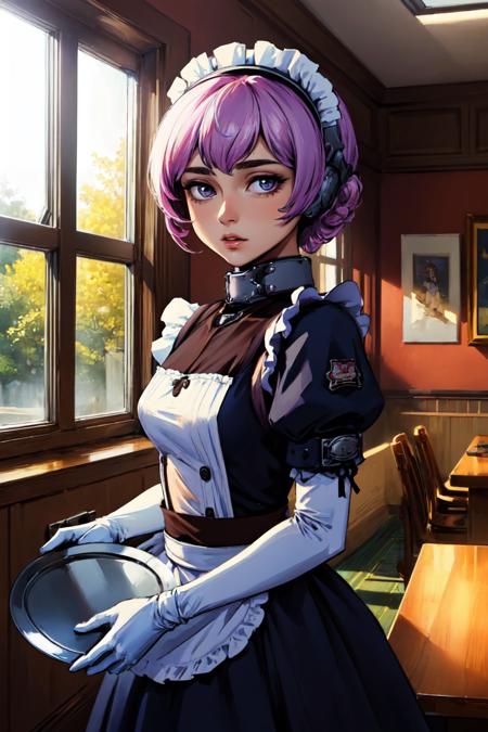 (masterpiece, best quality:1.2), solo, 1girl, citadelmartyr, expressionless, looking at viewer, holding tray, maid headdress, maid, puffy sleeves, gloves, indoors <lora:thecitadel_martyr:0.8>