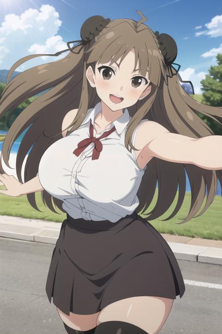 best quality, masterpiece, 1girl, renka \(senran kagura\), senran kagura, long hair, brown hair, twintails, hair ornament, hair bun, double bun, bun cover, brown eyes, breasts, large breasts, huge breasts, collarbone, facing viewer, looking at viewer, pov, smile, happy, open mouth, blush, ribbon, shirt, collared shirt, white shirt, bare shoulders, sleeveless, skirt, miniskirt, black skirt, thick thighs, thighhighs, white thighhighs, feet out of frame, outdoors, dated, solo, solo focus, cowboy shot, day, cloud, park, lake, reaching out, outstretched arms, hug, simple background,