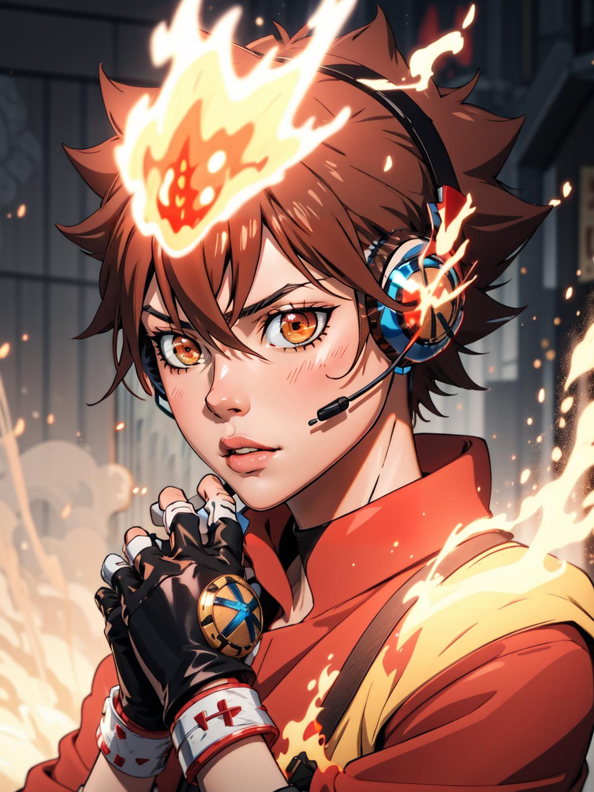 A woman with headphones and a flame on her head.