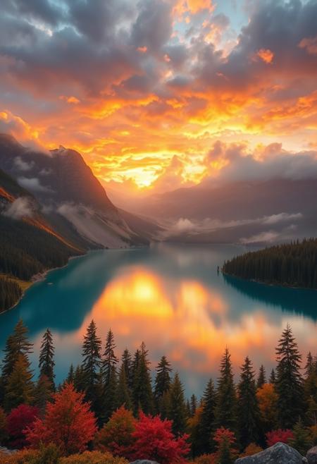 A stunning mountain lake at sunset, surrounded by lush trees and vibrant nature, heavy clouded sky reflecting warm colors, highly detailed, cinematic lighting, ultra photorealistic, masterpiece digital painting by Thomas Kinkade and Bob Ross, 8k resolution, tranquil atmosphere