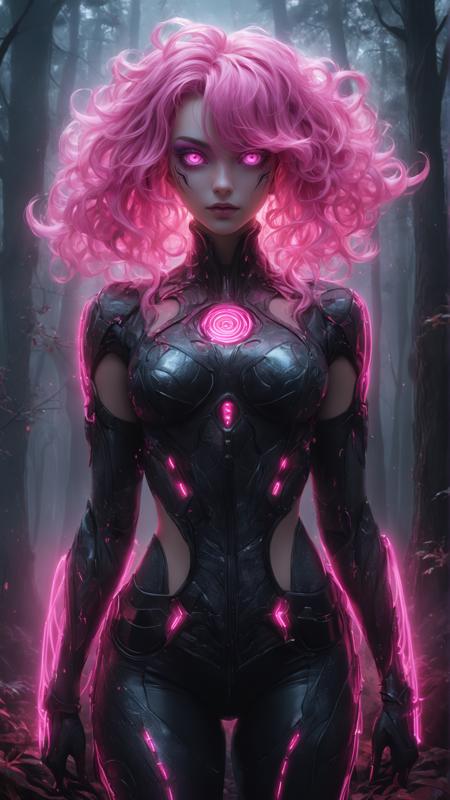 A close-up portrait of a pink-haired woman with striking, vivid makeup, standing in a dark, foggy forest. Neon lights from her eyes reflect off her glowing pink curls, creating an otherworldly effect. Hyper-detailed, high contrast, cyber-fantasy style, mystical atmosphere. from above, hair hair over one eye,