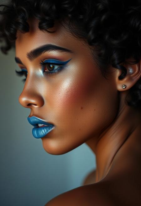 a masterpiece photo, A photogenic romantic soft scene, a masterpiece digital photo.
Showing a photogenic close up profile photo of a Arab Greek mixed race supermodel, short curly cute hair, blue eyeliner, blue lipstick, dark skin, extremely detailed skin with slightly visible skin pores and details, thick short eyebrows, large eyes with small blue and silver irises, dark brown freckles, symmetrical photo.
Overall visual style is as a high 4k resolution quality photo, detailed, depth of field, HDR, depth of field, chromatic aberration, highly detailed, dynamic camera, maximalist background, 4k quality, masterpiece, highly detailed, bokeh, epic scene, intense, atmospheric, depth of field, amazing artistic photography, absurdres