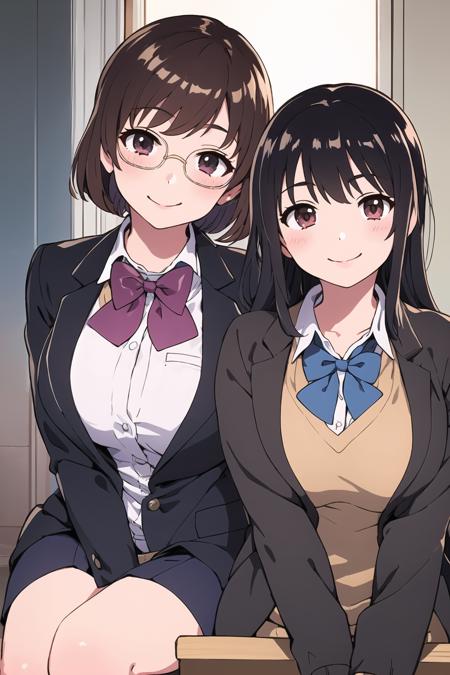 ((masterpiece)), (best quality), (detailed), (2 girls),library
AND ((masterpiece)), (best quality), (detailed), (2 girls),<lora:sno-12:0.35>,bow, bowtie,black jacket,black short hair,school uniform,glasses,smile
AND ((masterpiece)), (best quality), (detailed), (2 girls),<lora:sno-12:0.35>,bow, bowtie,black jacket,black long hair,school uniform,smile