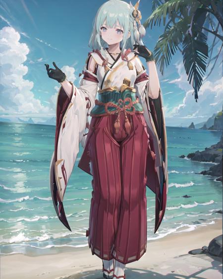 masterpiece, shiny, 1girl, outfit-mikoattire, standing, (high heels), breasts, solo, small breasts, long hair, thighs, habit, smile, chromatic aberration abuse, best quality ,outdoors, wide sleeves,hakama,seaside   <lora:001V2_outfit-000006:1>