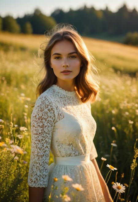 poster image, half body, 1girl,  1960's style, Mod Fashion Icon, Shadow art, atmosphere of neon lights, romance, fairytale, bathed in the soft, warm glow of natural light, She stands among a meadow of wildflowers, with sunlight streaming through, high ISO and long shutter speed, Add subtle imperfections from jpg compression artifacts, nostalgic vibe, bokeh effects, 4K resolution
