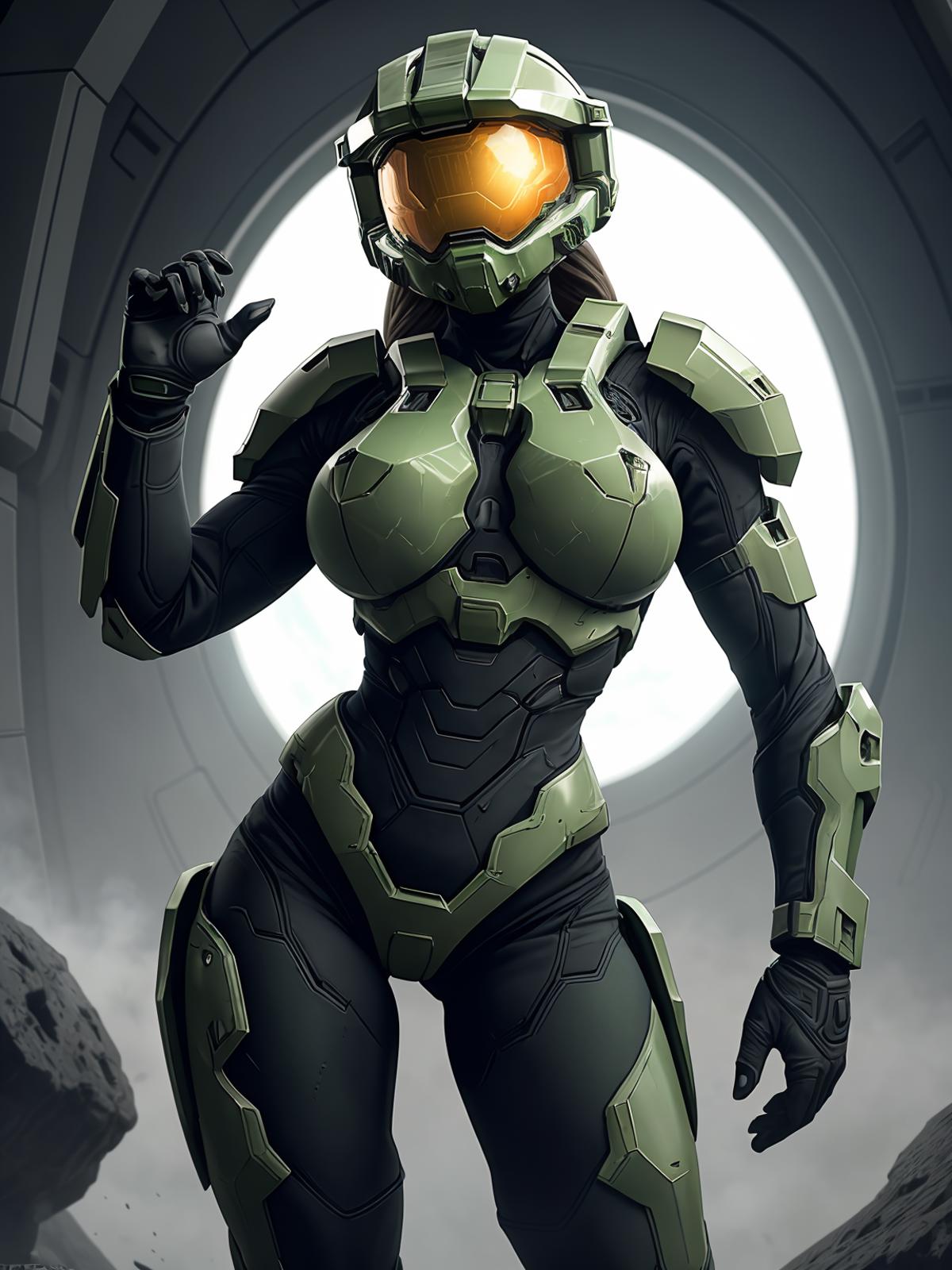 A woman wearing a green power suit standing in front of a window.
