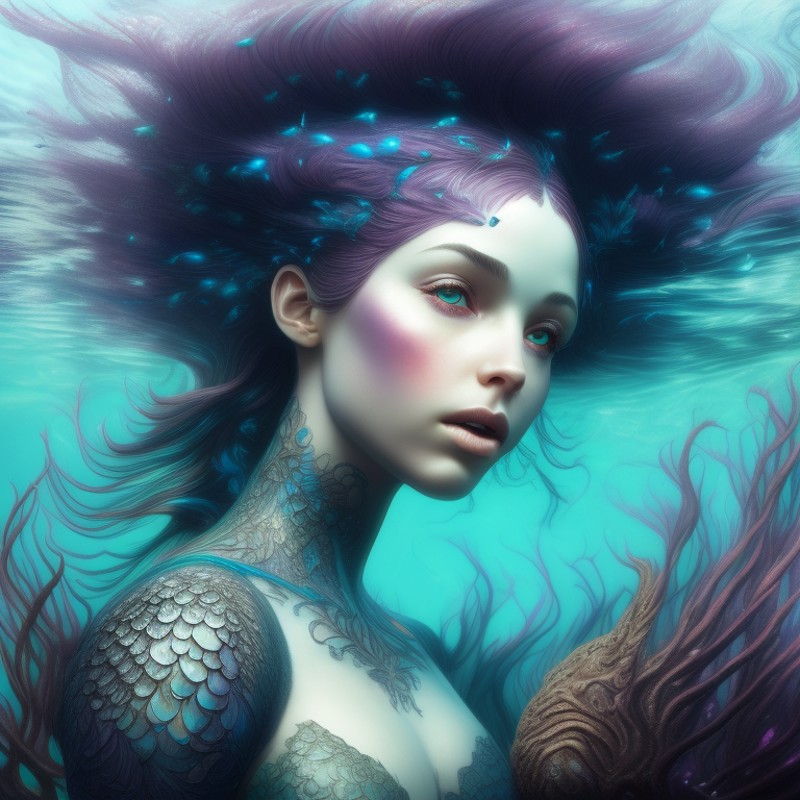a close up portrait of a mermaid, detailed drawing, mesmerizing, Underwater