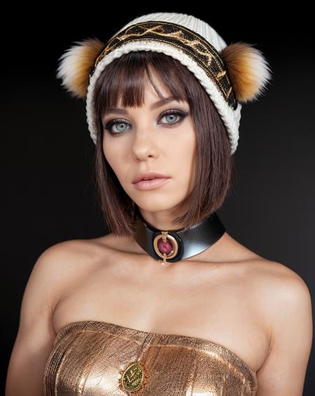 <lora:quiron_AlysaGap_v1_lora:0.87> AlysaGapQuiron, Raypunk portrait of a ((Outcast Scribe with Topaz Yellow eyes, Rose Gold Bob cut hair, and Honey Gold skin)).  (Prominent cheekbones and Paw print tattoo).  (Beanie and holds a special Crystal Crown). Dressed in the (style of Celtic) (with Sky Islands in the background and accompanied by a Mechanical Falcon).,, skin pores, perfect iris,  perfect eyes,  serious, portrait, linkedin, grey background,