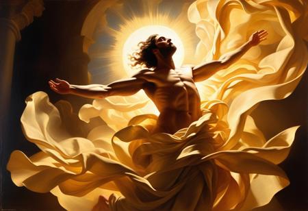 This powerful Baroque painting captures a moment of divine transcendence, with its central figure bathed in intense golden light. The artist's masterful handling of light, dynamic composition, and emotional intensity creates a compelling vision of spiritual ecstasy. The dramatic use of chiaroscuro, swirling drapery, and upward movement embodies the height of Baroque religious art, while the technical excellence in rendering light, form, and atmosphere contributes to its overwhelming visual impact. The overall effect is one of triumphant spiritual transformation, characteristic of the period's most ambitious religious paintings.