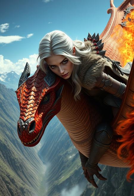 portrait of a stunning barbarian platinum blonde female dragonrider wearing leather armor, fur and lace clothing, riding on the back of a majestic fire dragon flying over a steep valley, leaning forward over its neck. High Detail, detailed face, face on sharp focus, Perfect Composition, realistic photographic image, sharp focus, complex lighting