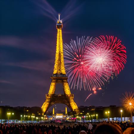 <lora:eiffel_tower_v1:1.0>  eiffel_tower, eiffel tower, paris, by night, from below, bastille day, national day, fireworks
