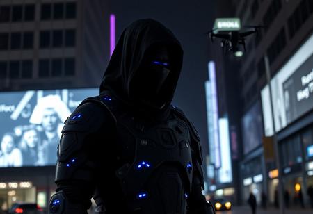 Null Node
A silent, gender-ambiguous figure clad in a jet-black full-body suit made of modular matte armor and glowing blue data nodes. Their face is obscured behind a featureless reflective mask with a single thin, blinking lens at the center, like a surveillance cyclops. Drones hover faintly around them. Standing in mid-glitch—edges fragmented like a corrupted hologram—Null Node leans in shadow against a digital billboard that flickers behind them, casting streaks of artificial light across their cloaked form in a city intersection gone silent.