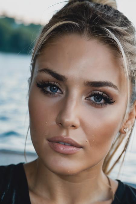 RAW, real photo portrait, hde, on a boat, (wearing a wet black t-shirt), pretty face, insanely detailed eyes, light blonde hair, high ponytail, bokeh, natural light, depth of field, golden hour, sharp focus, <lyco:HandeErcel-RealVision-V1.0:1.0>