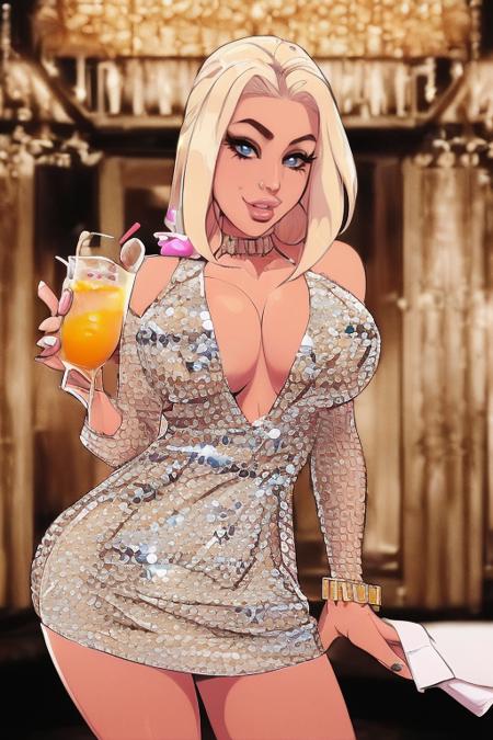 ((1woman blondein a fance dress at a party)) , Highly detailed,masterpiece, best quality, beautiful eyes, beautiful girl, high detail skin, high detail eyes, high detail hair,<lora:CherryMouseStreetStyleV4Lora:1> mssstyle