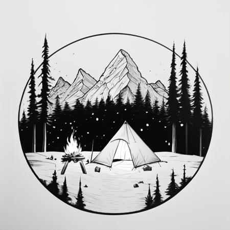 <lora:MinTattoo-000033:1>, mintat1, outdoors, campfire, tent, moutain, snow, white background