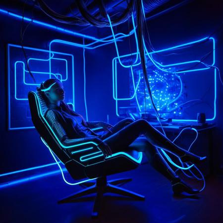 7-jackedin, girl, lounging in a chair, cables coming from head, sci fi, cyberpunk, realistic, glowing fiber optic cables, futuristic office, LEDs, neon lights