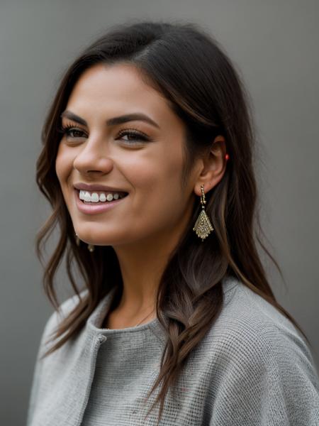 Realistic photo of a beautiful m1l4k-v2 woman,   1girl, solo, long hair, looking at viewer, smile, simple background, black hair, brown eyes, jewelry, braid, earrings, teeth, grey background, grin, lips, portrait, realistic, soft lighting, professional Photography, Photorealistic, detailed, RAW, analog, sharp focus, 8k, HD, DSLR, high quality, Fujifilm XT3, film grain, masterpiece<lora:m1l4k-v2:1.0>