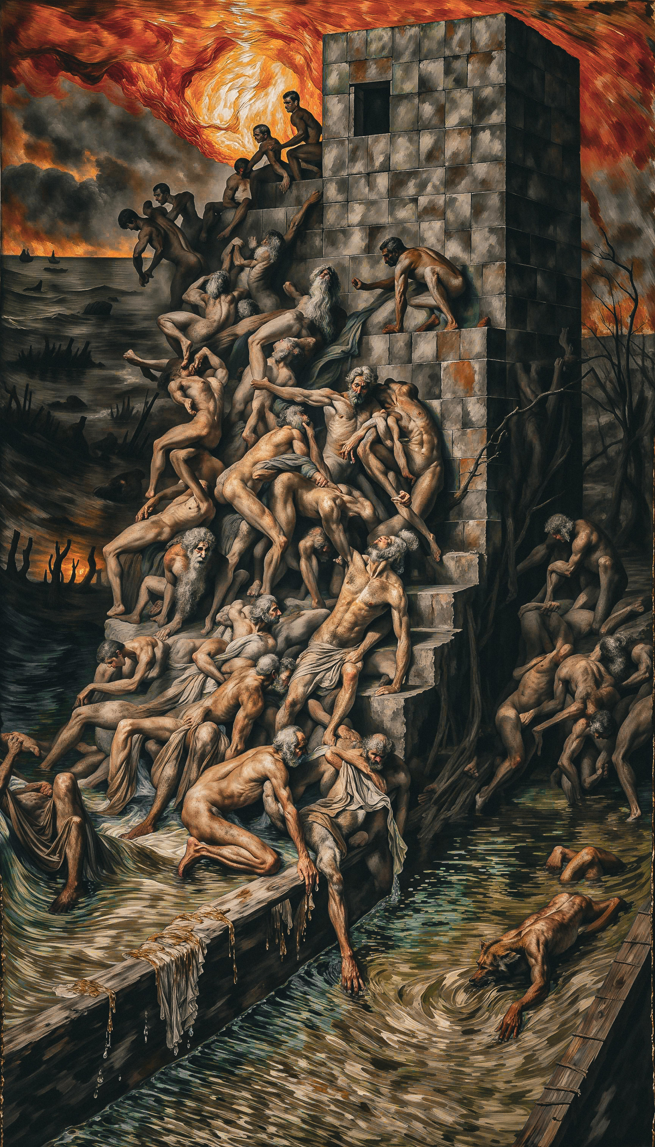 The image shows a large group of naked people gathered around a waterfall and a tower. The people are standing and sitting in various positions, creating a sense of community and togetherness. Some of them are closer to the waterfall, while others are near the tower, possibly exploring the area or enjoying the natural surroundings. The group's nudity suggests a connection with nature and an emphasis on the human form in this artistic portrayal.