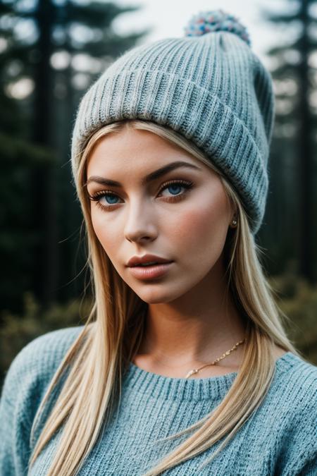 photo of (tahtest-200:0.99), a beautiful woman, perfect blonde hair, (modern photo, Pacific Blue Fair Isle knit hat), 85mm, (analog, cinematic, film grain:1.3), (A cozy, rustic mountain lodge with a view of a misty forest:1.2), detailed eyes, (seductive pose), (epicPhoto), (looking at viewer), jewelry, (cinematic shot:1.3), PA7_Portrait-MCU