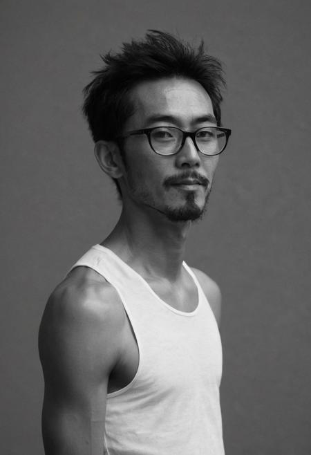 album cover photograph of  extremely skinny 38 year-old japanese fashion designer (confident expression:1.2, body:1.1), outdoor studio setting, dark hair, barbar shop hairstyle,short beard, designer glasses, smoking cigar, in the act of calm and mindfulness smile, vintage stylish clothes, with a focus on his face and upper body,soft strong natural lighting,high resolution,, high contrast, ray og light, light on the eyes, hard shadow, ENF, Cover