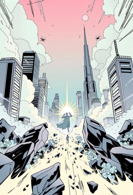 A dynamic comic panel in soft pastel colors depicts an ethereal, spiritual battlefield in a futuristic metropolis.  A lone figure emits a blinding energy blast, skyscrapers tilt, glass glitters. The scene is rendered in high contrast black and white, with a light aura and mystical feeling.  The style is classic cartoon with clean lines and expressive characters.