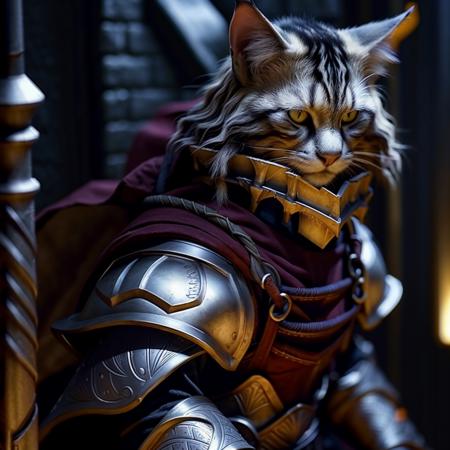 <lora:RPGTabaxi:1.0> tabaxi:1.2, solo, yellow eyes, cape, armor, depth of field, shoulder armor, pauldrons, breastplate, looking at viewer, blurry, blurry background, realistic:1.3, medieval alley