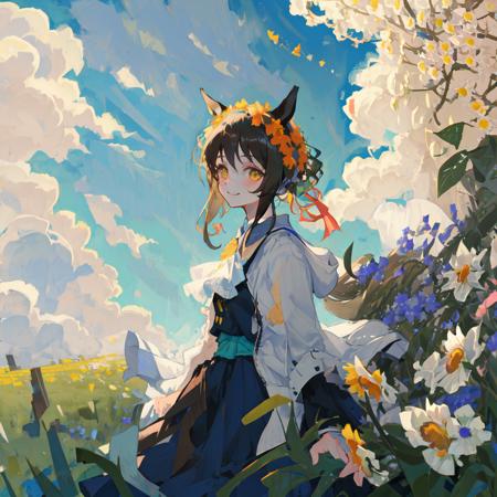 ((masterpiece, best quality)),1girl, horse ears, ((flowers meadows)), cloudy sky, sunlight, smile, arms behind back