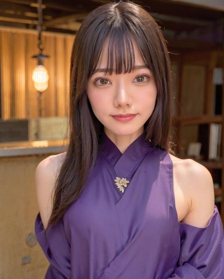 best quality, photorealistic, 8k, high res, 1girl, woman, (professional lighting), (portrait:0.6), (purple kimono dress:1.72), gorgeous, black hair, (short hair:1.2), (1girl eyes looking at viewer:1.4), ((looking at viewer:1.6)), (looking at the camera), photorealistic, (bokeh), (portait:0.6), (dynamic pose:1.2), sfw, (smile:1.6), <lora:av-rena:0.71>