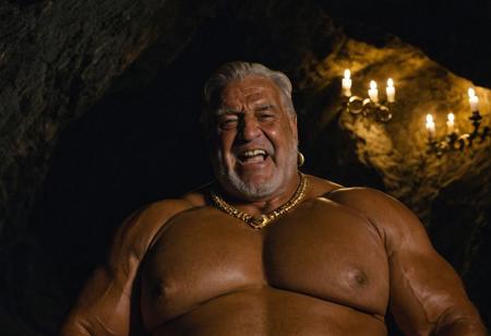 (photo, realistic, raw), (nighttime, at night, dark, dark hard shadows, cinematic atmosphere, movie grain, hazey atmosphere), closeup from below, (brute, barbarian, etherial, spiritual, emperor, king, god), old burly buff gentleman, old manly mature man, combed back hair,  doublechin, old tanned grandpa, wrinkly neck, proud big chest, thick neck, armpits, tanned skin, tight golden spandex, gold jewellery, gold necklace, in a dark ancient cave at night, nighttime,looking directly at viewer with a loving caring smile, leaning forward close to viewer, very close, intimite situation, romantic atmosphere, intimate lustful romantic expression, sad expression, belly and pecs from below