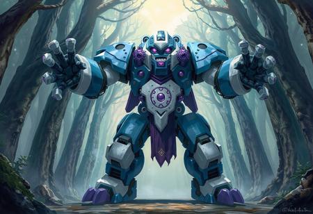 The image features a detailed, full-body view of a Gear Golem the Moving Fortress, standing in a dynamic pose with arms outstretched. The Gear Golem the Moving Fortress showcases a blue and white color scheme with purple and black accents, giving it a futuristic appearance. The background is a epic Erosion Hand Forest, allowing the rGear Golem the Moving Fortress's vibrant colors to pop. The image is expertly composed, with a focus on the Gear Golem the Moving Fortress's intricate design and lifelike details, including its expressive eyes and detailed clothing. The quality is exceptional, boasting sharp lines, harmonious colors, and vivid emotions, making it a stunning and captivating piece of art.